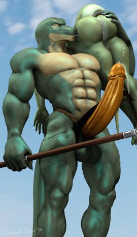 3d abs absurd_res ambiguous_fluids anthro ass balls biceps big_balls big_penis blue_eyes blue_sky bodily_fluids bottomwear carrying_another carrying_over_shoulder clothed clothing clothing_lift cloud darwinthejockey digital_media_(artwork) dripping duo feet female genital_fluids genitals green_body green_scales green_skin hand_on_ass hand_on_butt hi_res holding_object huge_cock ineffective_bottomwear ineffective_clothing ineffective_cover ineffective_loincloth kissing kissing_butt leaking_precum lizard lizard_(petruz) loincloth loincloth_flip loincloth_lift loincloth_only long_penis looking_at_viewer looking_down male melee_weapon muscular muscular_arms muscular_legs muscular_male muscular_thighs outside pecs penis polearm precum precum_drip precum_on_own_penis precum_on_penis precum_string reptile saliva saliva_on_butt saliva_string scales scalie seductive signature sky skyscape source_filmmaker_(artwork) spear spiked_penis spikes spikes_(anatomy) standing tail topless weapon yellow_penis