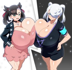 2girls alternate_breast_size black_hair breasts breasts_bigger_than_head cleavage clothed crossover female female_only green_eyes hair_over_one_eye hair_ribbon hand_on_hip huge_breasts inazuma_eleven inazuma_eleven_(series) inazuma_eleven_orion_no_kokuin light-skinned_female light_skin marnie_(pokemon) pokemon pokemon_ss revealing_clothes ribbon russian short_hair snowpowder198 soccer_uniform sportswear symmetrical_docking teasing twintails uniform white_hair yurika_beor
