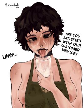 apron apron_between_breasts apron_only barista black_eyes black_hair black_lipstick blowjob blue_eyes blush breasts choker chubby_female coffee coffee_mug cum cum_in_mouth cum_on_breasts cum_on_face cumshot cup curly_hair curvy facial female freckles glass goth goth_girl lipstick mascara original_character pierced_nose piercing snowhenti starbucks tears text workplace