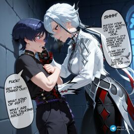 1boy 1boy1girl 1girls ai_generated anri_ai arlecchino_(genshin_impact) before_anal before_sex comic comic_page dominant_female domination femdom genshin_impact scaramouche_(genshin_impact) speech_bubble talking