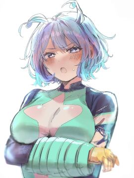 blue_bodysuit blue_eyes blue_hair blush bodysuit boku_no_hero_academia breasts commentary_request drill_hair female gloves green_bodysuit hado_nejire hair_horns hand_up highres large_breasts looking_at_viewer lt_nq8 multicolored_bodysuit nejire_hado open_mouth short_hair simple_background skin_tight solo superhero_costume sweatdrop twin_drills white_background yellow_gloves