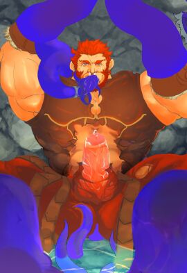 balls bara beard bighaozi boner clothing erection facial_hair fate_(series) iskandar_(fate) male male_only muscles muscular penis ripped_clothing sitting solo solo_male tentacle tentacle_on_male yaoi