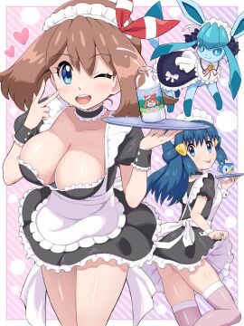 2girls alternate_breast_size apron bare_arms bare_legs bare_thighs big_breasts blue_eyes blue_hair blush breasts brown_hair choker cleavage collarbone dawn_(pokemon) female glaceon hairclip holding_plate long_hair maid maid_headdress maid_uniform may_(pokemon) medium_hair milk milk_bottle no_bra one_eye_closed open_mouth pink_thighhighs piplup pokemoa pokemon shiny_skin short_sleeves skirt_lift smile thighhighs thighs tongue tongue_out uniform wink wrist_cuffs zettai_ryouiki