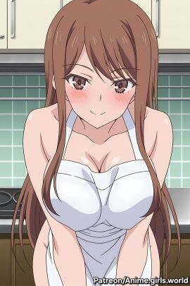 1girls apron apron_only ayane_shirakawa big_breasts blush breasts brown_hair cleavage embarrassed female female_focus female_only highres kaiduka kitchen large_breasts light-skinned_female light_skin looking_away naked_apron nude nude_female overflow_(series) screencap seductive seductive_eyes seductive_look seductive_smile smile smiling smiling_at_viewer solo standing