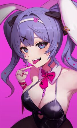 1girls animal_ears bare_shoulders black_leotard black_pantyhose bow bowtie breasts fake_animal_ears female fingernails hair_ornament hairband hatsune_miku large_breasts leotard looking_at_viewer moth1 nail_polish open_mouth pantyhose pink_background pink_bow pink_bowtie playboy_bunny rabbit_ears rabbit_hole_(deco*27/caststation) rabbit_hole_(vocaloid) red_nails simple_background solo teeth tongue tongue_out upper_teeth vocaloid white_hairband x_hair_ornament