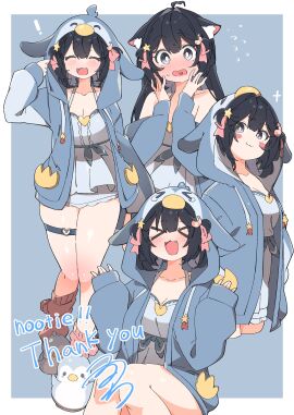 1girls :d >_< ^_^ ahoge animal_ears arms_up bangs bare_shoulders black_hair blue_background blue_bow blue_eyes blue_jacket blush blush_stickers bow breasts closed_eyes closed_mouth collarbone eyebrows_visible_through_hair facing_viewer fangs female flying_sweatdrops hair_between_eyes hair_ornament heart hood jacket lilnoot_(vtuber) long_hair long_sleeves looking_at_viewer multiple_views open_clothes open_jacket open_mouth penguin_girl short_hair sitting sleeves_past_fingers sleeves_past_wrists smile socks standing star_(symbol) star_hair_ornament thigh_strap two-tone_background virtual_youtuber wariza xd