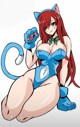 big_breasts breasts cat_ears cat_tail cosplay erza_scarlet fairy_tail female happy_(cosplay) happy_(fairy_tail)_(cosplay) hfxpins red-haired_female red_hair