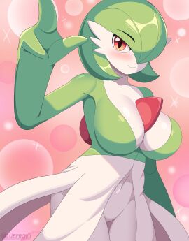 1girls big_breasts bluefrok breasts female gardevoir generation_3_pokemon green_hair hair_over_one_eye hips humanoid humanoid_female nintendo not_furry pokemon pokemon_(species) short_hair thick_thighs thighs twitter_link white_body wide_hips