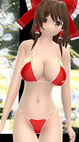 1girls 2023 3d adult_female belly_button bending_forward bikini blush breasts brown-haired_female brown_eyes clavicle cleavage female hati_yukkuri_mmd hips human light-skinned_female light_skin looking_at_viewer mmd open_mouth red_bikini red_ribbon reimu_hakurei short-haired_female shy solo_female solo_focus swimsuit tied_hair touhou waist
