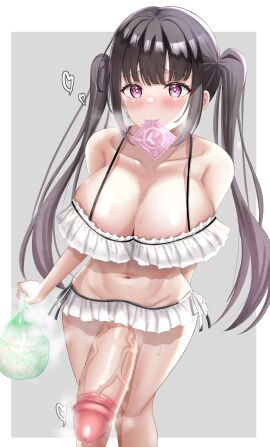 1futa bangs big_breasts bikini black_hair breasts censored clothed clothing condom condom_balloon condom_in_mouth cum ejaculation erection filled_condom futa_only futanari heart-shaped_pupils huge_cock human intersex light-skinned_futa light_skin long_hair miyamame mostly_nude penis rnnllxuwta solo standing twintails