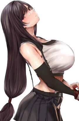 1girls absurdres aoki_hiro armpit_crease bare_shoulders belt belt_buckle big_breasts black_hair black_skirt breasts brown_belt buckle crop_top elbow_gloves female final_fantasy final_fantasy_vii final_fantasy_vii_remake from_side gloves highres huge_breasts long_hair looking_at_viewer low-tied_long_hair midriff red_eyes simple_background skirt solo suspender_skirt suspenders tank_top tifa_lockhart white_background white_tank_top
