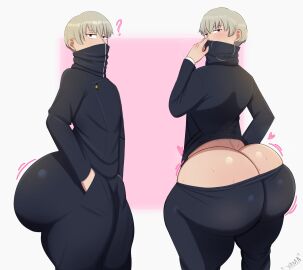 1boy ass ass_cleavage ass_crack big_ass blush bottomless butt_crack clothed clothing eyelashes femboy fully_clothed jujutsu_kaisen jujutsu_tech_uniform large_ass light_skin looking_at_viewer looking_back male male_focus male_only purple_eyes question_mark seductive simple_background solo solo_focus sweat teasing thick_thighs toge_inumaki white_background white_hair wobble wobbling_ass yamathegod