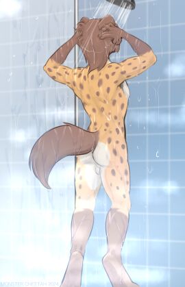 2024 5_fingers ass backsack balls ballsack brown_hair brown_tail countershade_torso countershading digital_media_(artwork) fingers fur genitals hair hi_res hyena inside male mammal markings monstercheetah nude nude_anthro nude_male rear_view shower solo spots spotted_body spotted_fur standing tail water wet wet_body wet_hair yellow_body yellow_fur