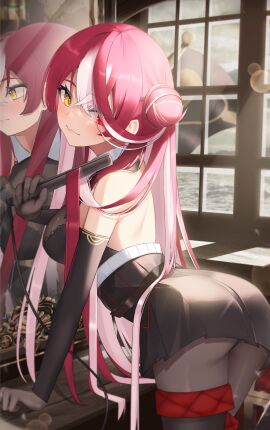 1girls bent_over blush female female_only fully_clothed heterochromia hololive houshou_marine leggings skirt smile suggestive_pose thomas_8000 virtual_youtuber