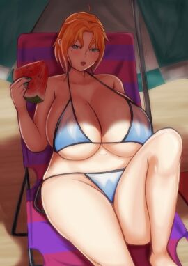 1girls big_breasts bikini breasts breasts_bigger_than_head breasts_bigger_than_torso cleavage enormous_breasts female female_only gigantic_breasts hi_res highres huge_breasts liselotte_meier_(stickvenezuela) looking_at_viewer melon mole mole_on_breast mole_under_eye open_mouth orange_hair original_character short_hair solo solo_female stickvenezuela summer tagme teal_eyes voluptuous voluptuous_female
