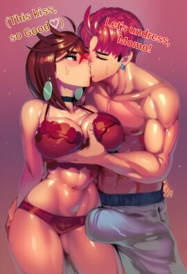 1boy 1girls abs ai_generated ayase_momo bare_arms bare_legs bare_shoulders bare_thighs big_breasts big_penis bra brown_eyes brown_hair bulge color dandadan english_text female gigiti grabbing_breasts hand_on_breast hi_res jin_enjoji kissing large_breasts light-skinned_female light_skin lingerie male male/female muscles muscular muscular_male netorare ntr panties red_hair short_hair sweat text thick_thighs underwear