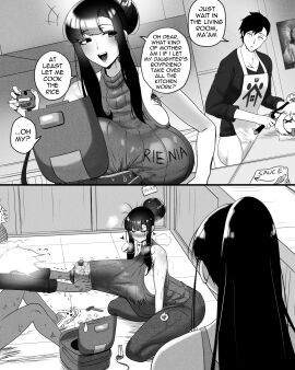 1boy 2girls apron black_hair blush breasts breasts_stuck clothed clothed_female clothed_male compromising_position cooking embarrassed_female female hair_bun hammer jeans kmvt69 large_breasts male milf mole mole_under_eye mother_and_daughter original ponytail rice_cooker short_hair steam sweat sweater