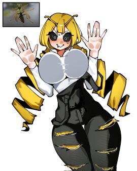 1girls against_glass against_surface against_wall arthropod_girl big_breasts blush breasts breasts_on_glass drooling female gaga_onon humanized insect_girl looking_at_viewer on_glass pressed_against pressed_on_glass pressing_breasts saliva tears wasp wasp_girl wasp_waist