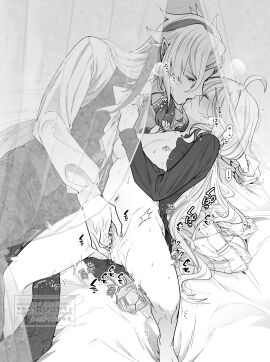 1boy 1girls ahoge bed bed_sheet blush bottomless bounobunri breasts breasts_out closed_eyes clothed_male duo female fingering french_kiss french_kissing furina_(genshin_impact) genital_fluids genshin_impact horny_female kissing long_hair long_sleeves looking_at_partner male neuvillette_(genshin_impact) open_shirt pointy_ears pussy shirt sidelocks sweatdrop undressing vaginal_juices veil wet wet_pussy