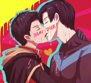 2boys age_difference batman_(series) chain247 closed_eyes damian_wayne dc dc_comics dick_grayson french_kiss gay kissing male male/male nightwing robin_(damian_wayne) robin_(dc) tongue_kiss yaoi