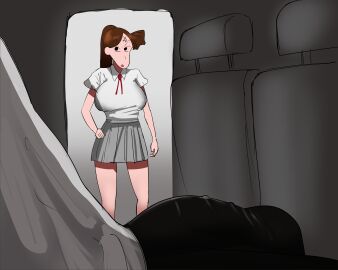 1boy 1girls absurdres angry breasts brown_hair crayon_shin-chan female highres human interior kohuni large_breasts large_penis light-skinned_female light_skin long_hair looking_at_viewer male male/female on_vehicle pale-skinned_female pale_skin penis ponytail ryuko_okegawa school_uniform sitting vehicle vehicle_interior