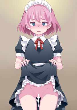 bar_censor black_skirt blue_eyes blush brown_background censored clothes_lift commentary_request cum cum_in_pussy female gradient_background hammer_(sunset_beach) lifting_own_clothes looking_at_viewer maid maid_headdress original pink_hair puffy_short_sleeves puffy_sleeves pussy red_ribbon ribbon short_hair short_sleeves skirt skirt_lift thighs