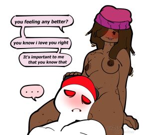 1boy 1boy1girl 1girls after_care after_sex aftercare bite_mark bite_marks block_tales blush brown_skin female freckles griefer_(block_tales) ha534076 kyoko_(block_tales) lowres male nude nude_female roblox roblox_game robloxian tagme