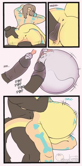 absurd_res anthro ass ass_grab belly bodily_fluids bone_pattern butt_grab comic condom condom_inside cum cum_inside cumflated_belly cumflation cuntboy filled_condom furry genital_fluids hand_on_ass hand_on_butt hi_res inflation intersex male mammal mobile_(character) mustelid orangelemon otter sexual_barrier_device