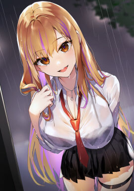 1girls black_bra black_skirt bra bra_visible_through_clothes breasts chain_necklace chains cleavage collared_shirt commentary_request cowboy_shot dutch_angle female hand_up heart heart_necklace highres holding holding_own_hair jewelry kasumi_komo large_breasts leaning_forward long_hair long_sleeves looking_at_viewer loose_necktie miniskirt multicolored_hair necklace necktie open_mouth orange_eyes orange_hair original outdoors parted_bangs pleated_skirt purple_hair purple_pupils rain red_necktie school_uniform see-through_clothes see-through_shirt shirt skindentation skirt smile solo standing streaked_hair thigh_strap underwear very_long_hair water_drop wet wet_clothes wet_hair wet_skirt white_shirt