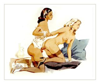 2girls blonde_hair bracelet brown_hair dark_hair female female_only gert_gagelmann heels light_hair lingerie naked nude partially_clothed pillow strap-on strapon vintage