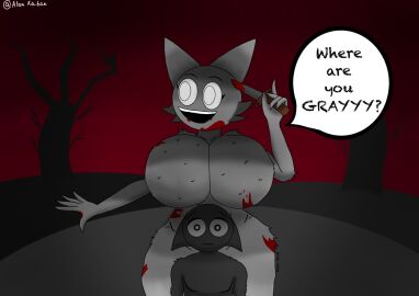 blood_on_body blood_on_breasts blood_on_face blood_on_weapon blood_stain bloody_knife breasts dead_tree female gray_(sprunki) incredibox_mod knife red_sky sprunki text text_bubble wenda_(sprunki)