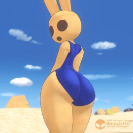1:1 3d_(artwork) 3d_animation animal_crossing animate_inanimate animated anthro ass beach big_butt black_eyes blue_clothing blue_swimwear bouncing_butt brown_body clothing cloud coco_(animal_crossing) digital_media_(artwork) empty_eyes eyelashes female gyroid hybrid lagomorph leporid looking_at_viewer looking_back looking_back_at_viewer mammal nintendo one-piece_swimsuit open_mouth rabbit rear_view shaking_butt sharpybutts sky solo swimwear thick_thighs wide_hips