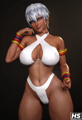 1girls 3d abs african african_female big_breasts blue_eyes bra breasts capcom dark-skinned_female dark_skin earrings elena_(street_fighter) female female_only hagiwara_studio looking_at_viewer painted_nails panties pussy short_hair simple_background smiling solo solo_female street_fighter street_fighter_iii street_fighter_iii:_3rd_strike thick_thighs tribal_clothing vagina white_hair