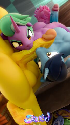 3d 3d_(artwork) anthro artist_name ass balls barefoot big_balls big_penis black_hair blue_body blue_skin brown_eyes carrot_cake_(mlp) clothing collaborative collaborative_fellatio collaborative_oral collaborative_sex detailed_feet digital_media_(artwork) earth_pony equid equine erection feet feet_up fellatio firelight_(mlp) foot_fetish footwear gay genitals gland glans green_hair group group_sex hasbro hi_res horn horse humanoid humanoid_feet humanoid_genitalia humanoid_penis licking licking_penis male male/male male/male/male male_anthro male_only mammal mr._cake_(mlp) muscular muscular_male my_little_pony mythological_creature mythological_equine mythology night_light_(mlp) nude nude_male oral patreon pecs penile penis penis_lick pony sandals sex shoes sideways_oral snuddy soles trio unicorn yaoi yellow_body yellow_skin