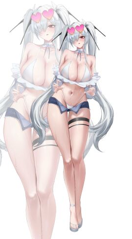 absurdres ankle_strap bikini bikini_pull bikini_under_clothes bow bowtie breasts choker cinderella_(nikke) clothes_pull denim denim_shorts eyewear_on_head female frills full_body goddess_of_victory:_nikke grey_hair hair_over_one_eye headgear heart heart-shaped_eyewear highres large_breasts long_hair long_sleeves looking_at_viewer micro_shorts nevin_(flyskying) off-shoulder_shirt off_shoulder open_clothes open_mouth open_shorts red_eyes shirt shoes shorts solo standing sweat swimsuit thigh_strap twintails very_long_hair white_background white_bikini white_bow white_bowtie white_choker white_shirt white_shoes zoom_layer