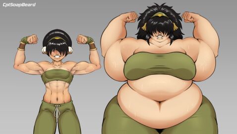 1girls artist_name avatar_legends avatar_the_last_airbender before_and_after breasts captainsoapbeard chubby chubby_female earth_kingdom female female_only human large_breasts overweight overweight_female sequence solo solo_female strongfat sweat toph_bei_fong transformation weight_gain wide_hips