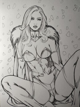 black_and_white breasts cleavage corset emma_frost female hellfire_club marvel marvel_comics matthenrystudio panties pussy pussy_bulge spread_legs white_queen x-men