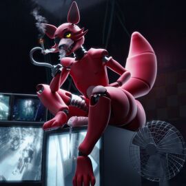 1:1 animal_genitalia animatronic big_penis bodily_fluids canid canine canine_genitalia cigarette desk_fan electronics eye_patch eyewear five_nights_at_freddy's fox foxy_(fnaf) genital_fluids genitals hi_res looking_at_viewer machine male mammal nipples office penis precum robot scottgames smoking smoking_cigarette solo stopcallingmeafurry_(artist) television yellow_eyes