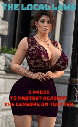 3d 3d_(artwork) agressive athletic athletic_female before_sex big_ass big_breasts breasts brown_hair cleavage collar comic comic_page comics cover dress english english_text female female_focus female_only lara_croft large_ass large_breasts makeup mature mature_female metal_01 milf open_eyes original_character page_1 public skirt standing street surprise surprised surprised_expression tattoo tattoo_on_chest tattooed_arm tattoos text text_bubble tomb_raider