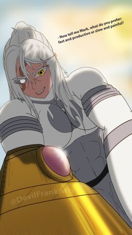 1girls ass big_ass big_breasts breasts conquest_(invincible) devilfrankarts female female_conquest genderswap genderswap_(mtf) gold_eyes inminent_rape inminent_reverse_rape inminent_sex invincible invincible_(tv_series) mark_grayson reverse_rape rule_63 scar tagme white_eyes white_hair