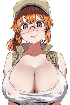 bare_shoulders blush breasts brown_eyes brown_hat brown_vest cleavage closed_mouth commentary covered_erect_nipples female fio_germi glasses hat highres huge_breasts looking_at_viewer metal_slug ongiit orange_hair round_eyewear simple_background smile solo tank_top upper_body vest white_background white_tank_top