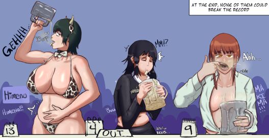 3girls beer_mug big_breasts bikini breasts burping chainsaw_man cleavage cow_print cum_burp cum_drinking cum_drinking_contest cum_in_mouth cum_jar drinking_cum english_text female gokkun himeno_(chainsaw_man) horns makima_(chainsaw_man) mifune_fumiko multiple_females multiple_girls navel no_bra_under_clothes sexshopydibujos shirt_open text