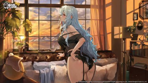 artist_request ass azur_lane bare_shoulders black_bra black_panties black_shirt blush book bookshelf bra breasts cg cloud copyright_name couch cowboy_shot cup curtains desk_lamp evening female from_behind from_side garter_belt garter_straps grey_hair hair_between_eyes indoors lamp large_breasts lingerie long_hair looking_at_viewer looking_back messy_hair mole morning mouth_hold off_shoulder painting_(object) panties photo_(object) picture_frame pillow plant potted_plant red_eyes saucer see-through shirt sky solo standing strap_slip sunset table tallin_(nostalgic_pilsner)_(azur_lane) tallinn_(azur_lane) teacup thighhighs thighs underwear very_long_hair white_hair window
