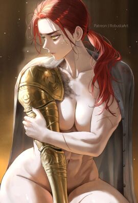 abs artistic_nude convenient_censoring elden_ring female fromsoftware hourglass_figure millicent_(elden_ring) muscular muscular_female naked nude nude_female ponytail prosthetic_arm red_hair robustaart wide_hips