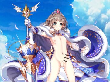 1boy balls bangs blue_eyes blue_sky blush brown_hair cape censor_bar censored closed_mouth cloud crown day erection femboy fur-trimmed_cape fur_trim gauntlets genderswap genderswap_(ftm) holding looking_at_viewer male male_focus navel nipples nude otoko_no_ko outdoors penis rule_63 shironeko_project sky smile solo standing testicles trap