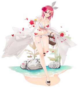 ass_visible_through_thighs azur_lane bare_shoulders basket bikini black_background black_prince_(azur_lane) black_prince_(white_princess)_(azur_lane) blush bow bracelet breasts cg cleavage collarbone female flower frilled_bikini frills front-tie_bikini_top front-tie_top full_body hair_between_eyes hair_bun hair_flower hair_ornament hair_ribbon hairband halterneck hibiscus holding holding_basket large_breasts leg_up looking_at_viewer medium_hair nail_polish navel official_alternate_costume official_art open_mouth outstretched_arm petals pink_eyes pink_hair red_eyes red_flower red_hair rock sandals short_hair skindentation smile solo standing standing_on_one_leg stomach swimsuit thigh_strap thighs toenail_polish toenails toes towel transparent_background water white_bikini