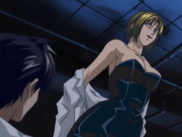00s 1boy 1girls 2001 age_difference animated bible_black bible_black_night_of_the_walpulgiss blonde_hair blue_eyes breasts bustier clothes_removed female kitami_reika lab_coat large_breasts lipstick looking_down minase_taki older_female_and_younger_male removing_jacket short_hair tagme white_shirt witch