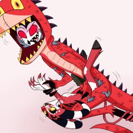 2boys ahe_gao blitzo_(helluva_boss) blush costume demon demon_horns demon_tail helluva_boss male movement_lines red_eyes red_skin scales scalie size_difference spikes_(anatomy) stolas_(helluva_boss) suit tongue tongue_out vivienne_medrano