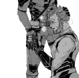 2boys animification azuko_(@zuco) beard belt deadpool deadpool_&_wolverine_(2024) facial_hair full_body gay gloves hand_grab hand_on_another's_head heavy_breathing imminent_fellatio imminent_oral imminent_sex male male_focus male_only marvel marvel_cinematic_universe marvel_comics mature_male monochrome multiple_boys multiple_males muscular muscular_male open_mouth profile sleeveless standing superhero_costume sweat teeth utility_belt wolverine_(x-men) x-men yaoi