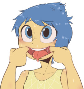 1girls blue_eyes blue_hair blush clothed clothing collarbone disney dress female female_only fingers_in_mouth huasart imminent_fellatio inside_out inside_out_2 jerkoff_visual_assistance joy_(inside_out) looking_at_viewer open_mouth pixar presenting_mouth saliva saliva_string short-haired_female short_hair simple_background solo solo_female solo_focus spread_mouth sweat sweatdrop teeth tongue tongue_out upper_teeth white_background yellow_body yellow_skin